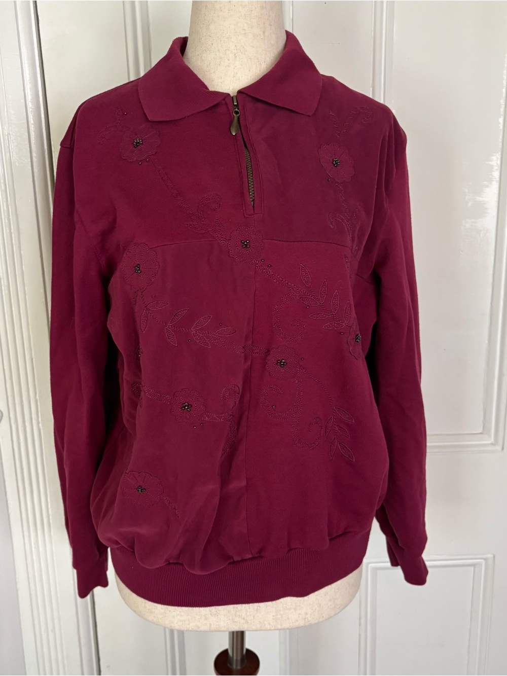 Alfred Dunner Petite PM Embroidered Floral Quarter Zip Sweatshirt Burgundy Bead